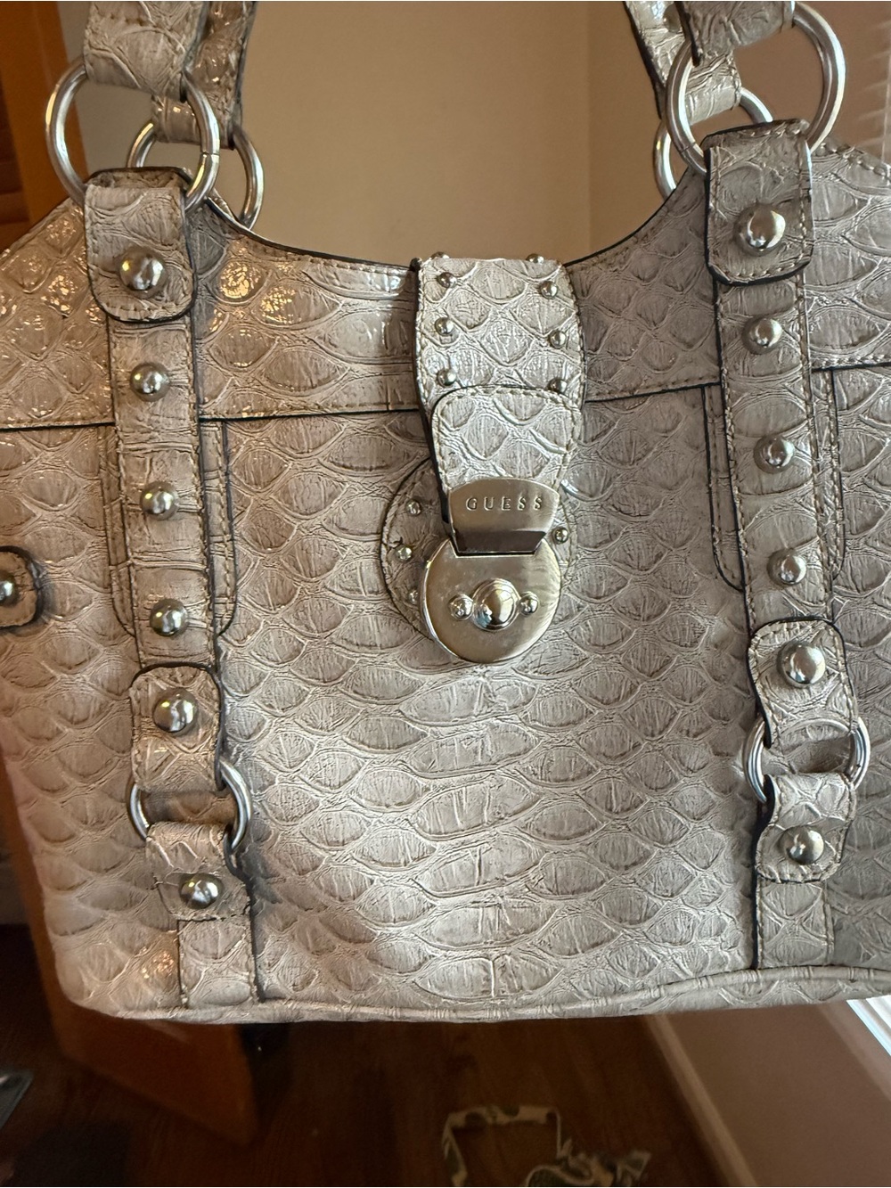 GUESS Metallic Cream Textured Shoulder Bag with Stud Accents